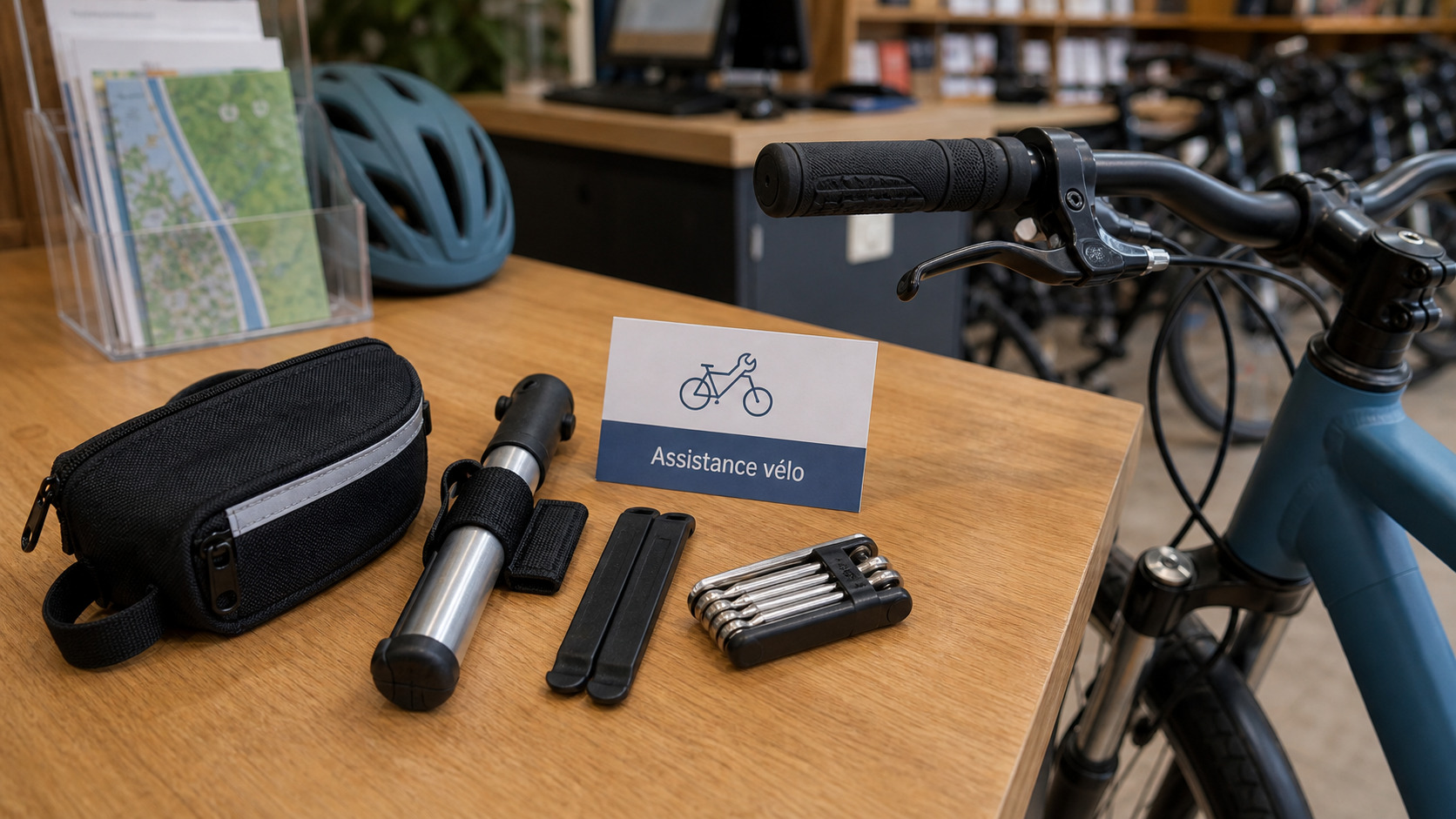 Kit de réparation et numéro d'assistance remis avec un vélo loué