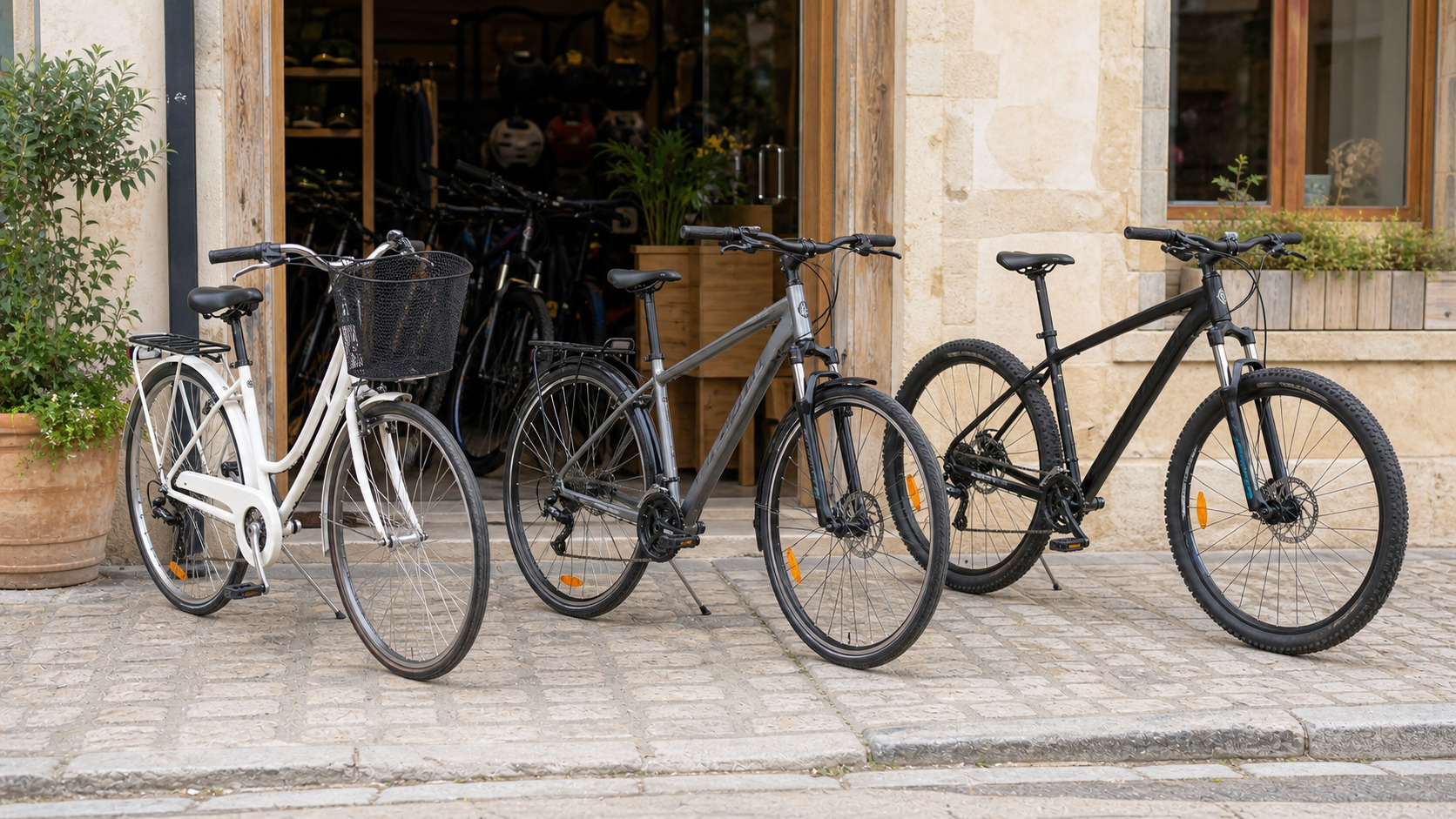 Vélo de ville, VTC et VTT alignés devant un loueur
