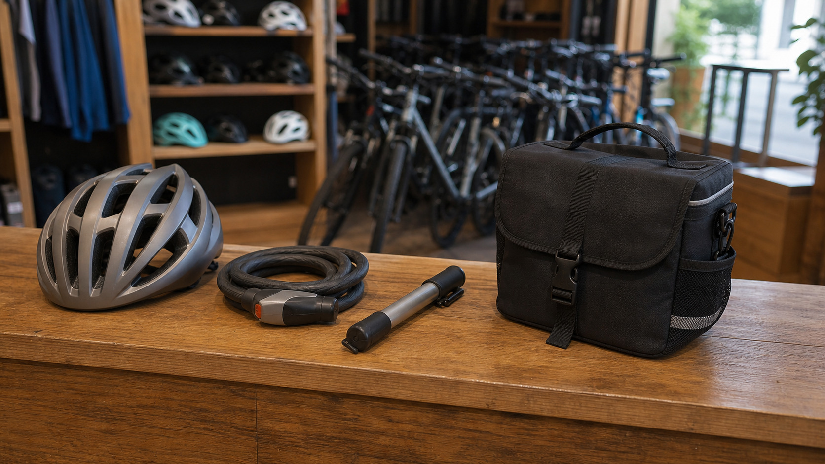 Casque, antivol, pompe et sacoche proposés au comptoir de location