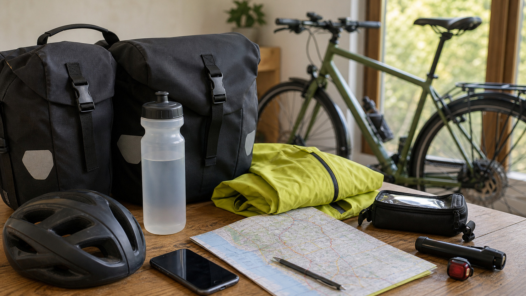 Sacoches de vélo avec gourde, vêtement de pluie et carte d'itinéraire